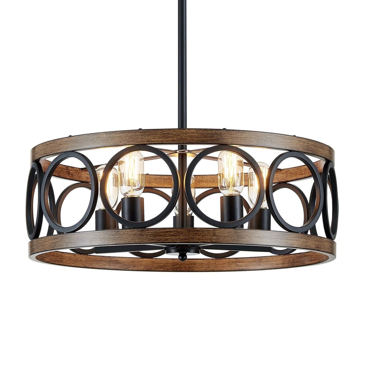 XINGQI Dining Room Chandelier 5-Light Black Modern Chandelier 21.7'' Farmhouse Drum Pendant Light Fixture for Living Room Kitchen Island Bedroom Office with Wood Grain Finish XINGQI