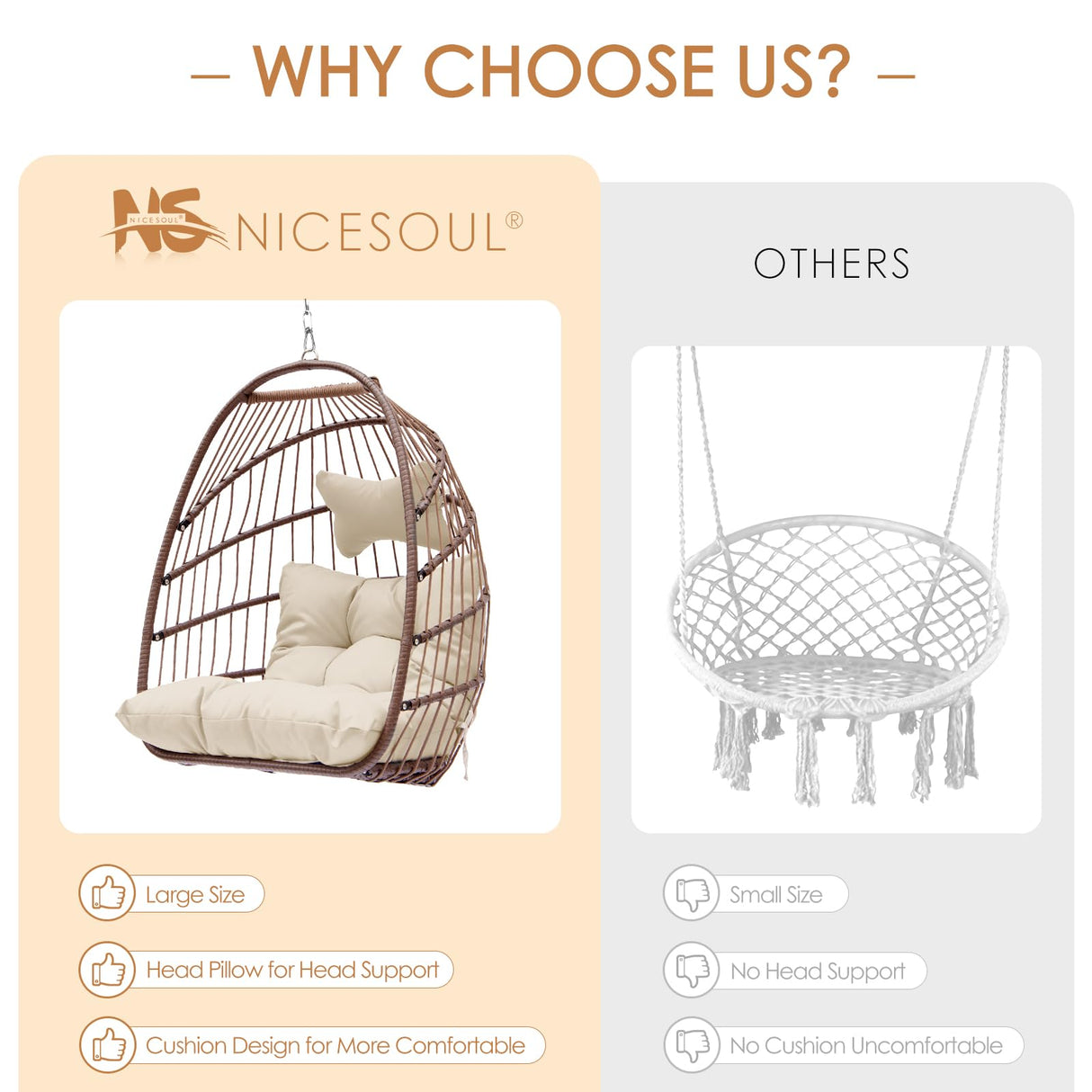 Nicesoul Outdoor Hanging Egg Chair Without Stand, Patio Wicker Swing Egg Basket Chairs with Padded Cushions, 350 Lbs Ceiling Tree Swinging Egg-Shaped Chair No Stand for Indoor Bedroom Porch, Brown NICESOUL