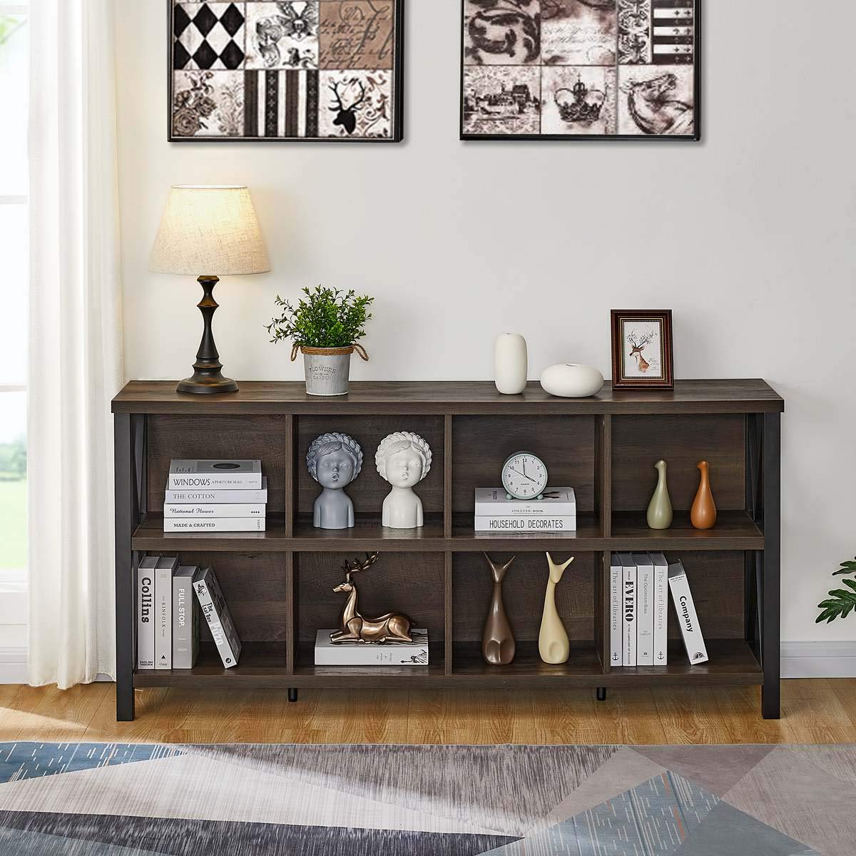 FATORRI Rustic 8-Cube Storage Organizer Bookshelf - Industrial Walnut Brown Bookcase for Living Room FATORRI
