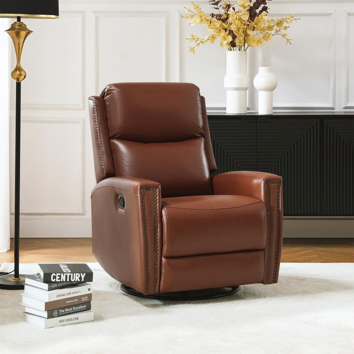HULALA HOME Genuine Leather Swivel Rocker Recliner, Manual Glider Recliner Chair with Adjustable Backrest & Footrest, Modern Home Theater Sofa Armchair for Living Room Bedroom, Brown HULALA HOME