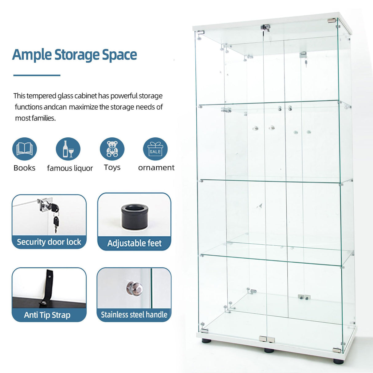 lunhung 65"H Glass Display Cabinet with LED Lights & Mirror Back Panel, 2 Doors Curio Storage Cabinet w/ Adjustable Feet & Lock, 4-Shelf Wood Top Display Case Bookshelf for Living room,Hallway (White) lunhung