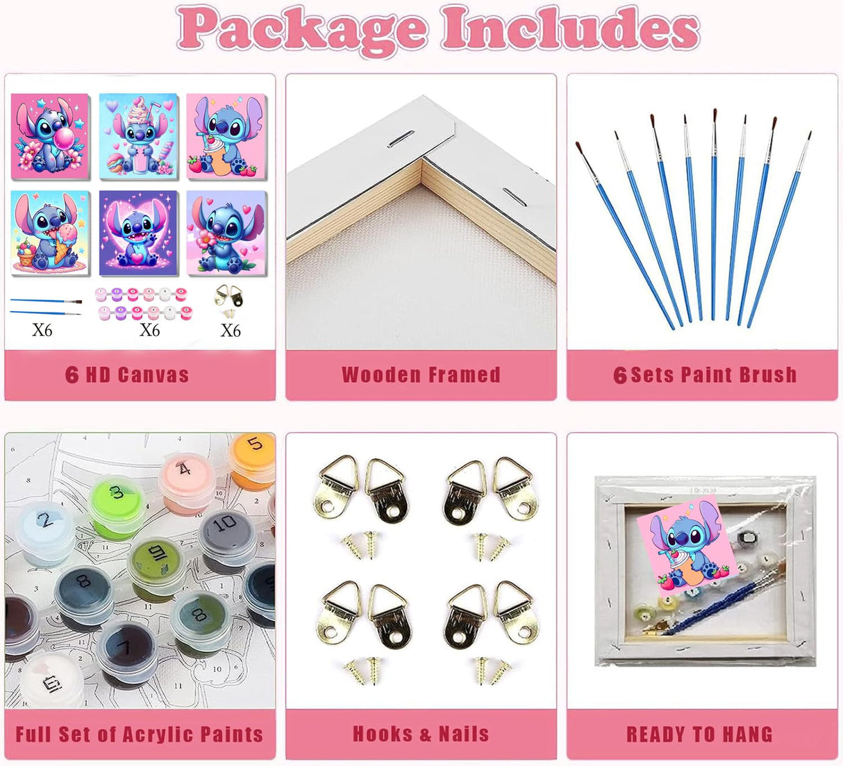 CraftyTime 6 Pack Cartoon Paint by Numbers Kits for Kids with Framed Canvas Paint by Number for Kids Ages 4-8-12, DIY Easy Acrylic Oil Painting Kits for Home Wall Decor (8X8inch) CraftyTime