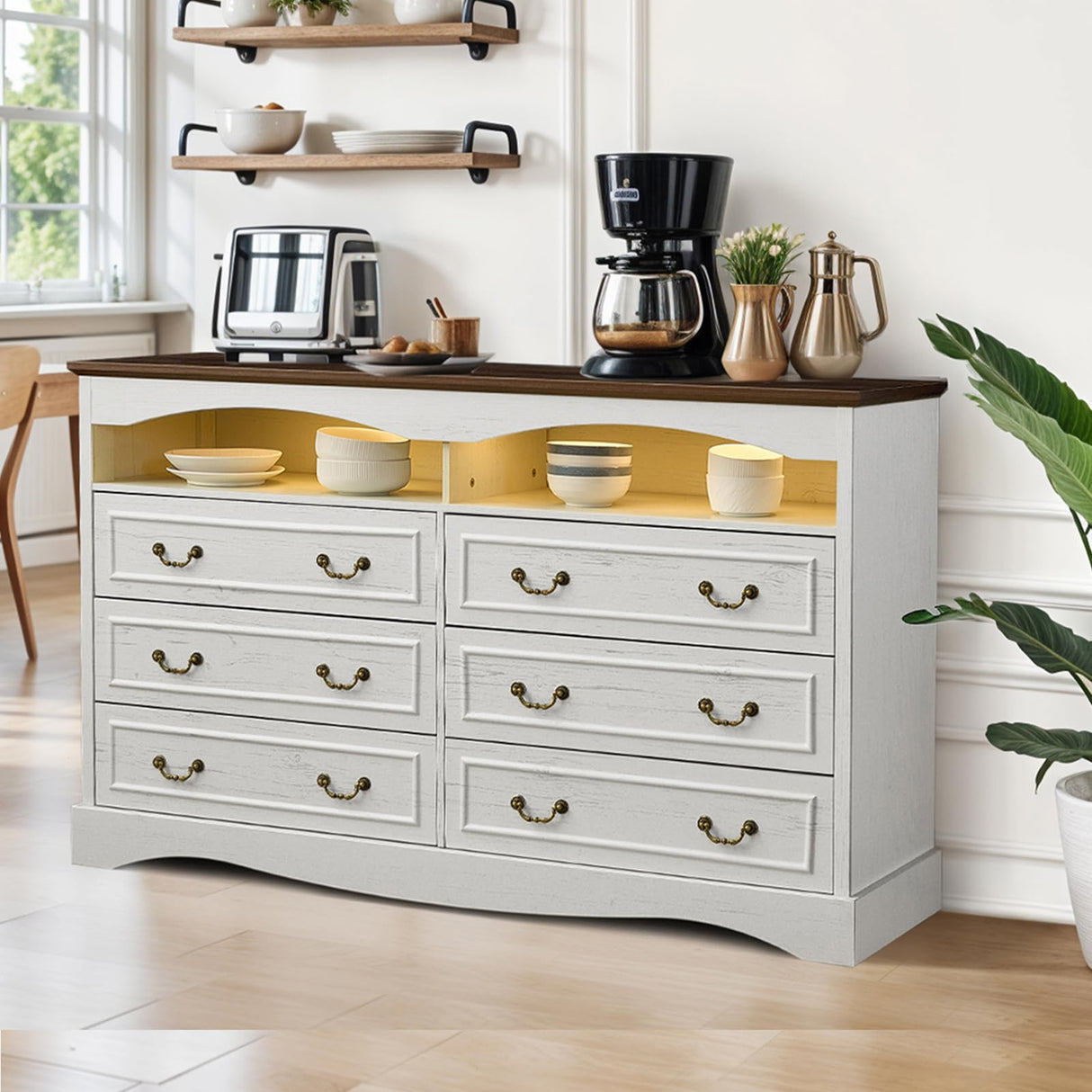 JanflyHome Vintage 6 Dresser for Bedroom, Farmhouse 6 Drawers Dresser with Open Shelves and LED Lights, 55" Wide Wood Rustic Chest of Drawers for Living Room, Hallway, Antique White JanflyHome