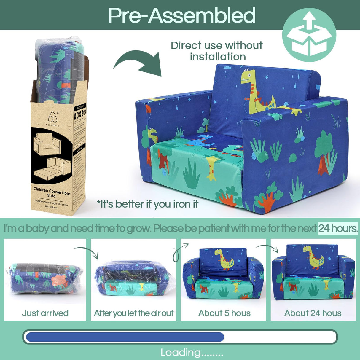 ACRABROS Kids Couch: Toddler Sofa Bed Fold Out for Gilrs Boys Baby Flip Out Convertible Lounge Chair Dinosaur ACRABROS