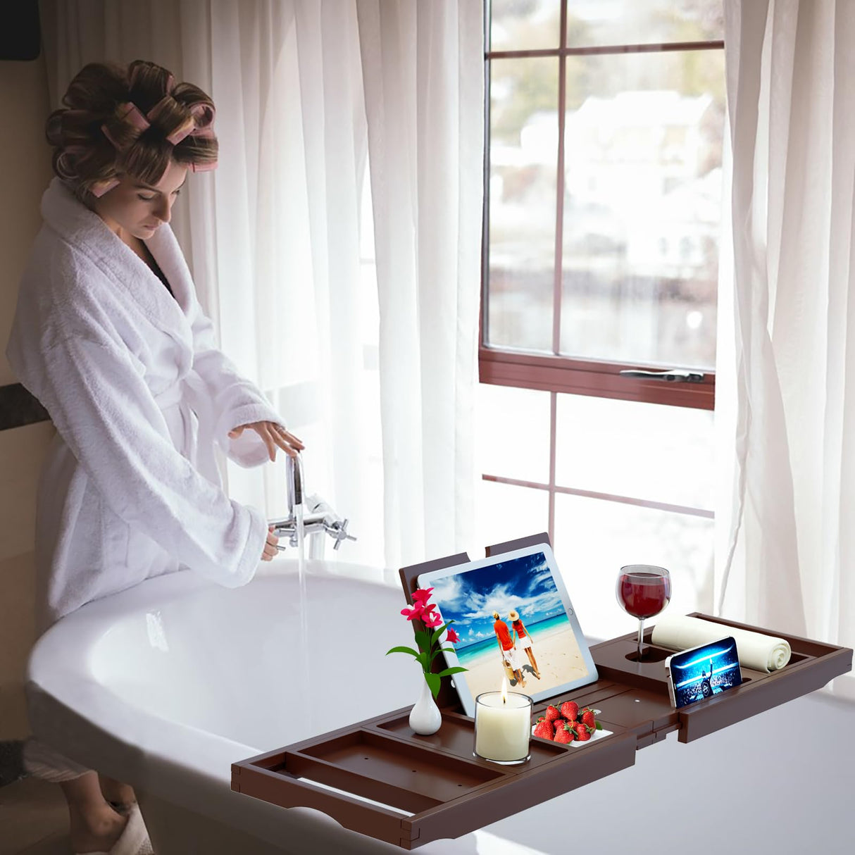 Premium Bamboo Bathtub Caddy Tray - Bath Tray - Bath Tub Tray Table for Bathtub - Expandable Size, Fits Most Bath Tubs - Brown Banlilu