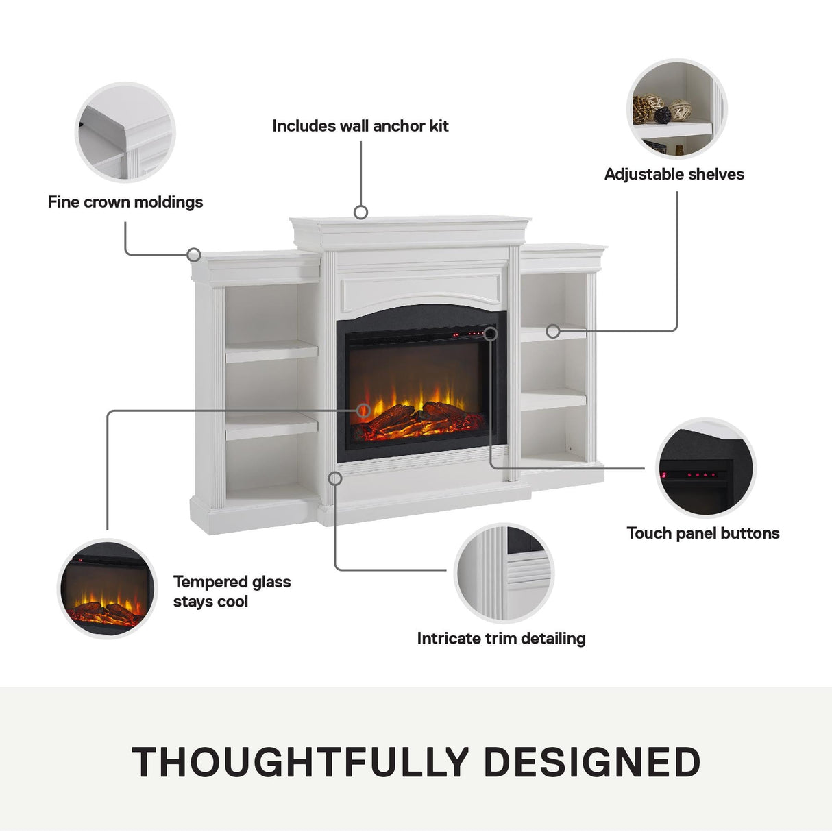 Ameriwood Home Lamont 69 Inch Electric Fireplace with Mantel, Shelves, Replaceable Fireplace Insert Heater, Remote Control, Timer, Realistic Log and Flame Effect, For Living Room or Bedroom, White Ameriwood Home