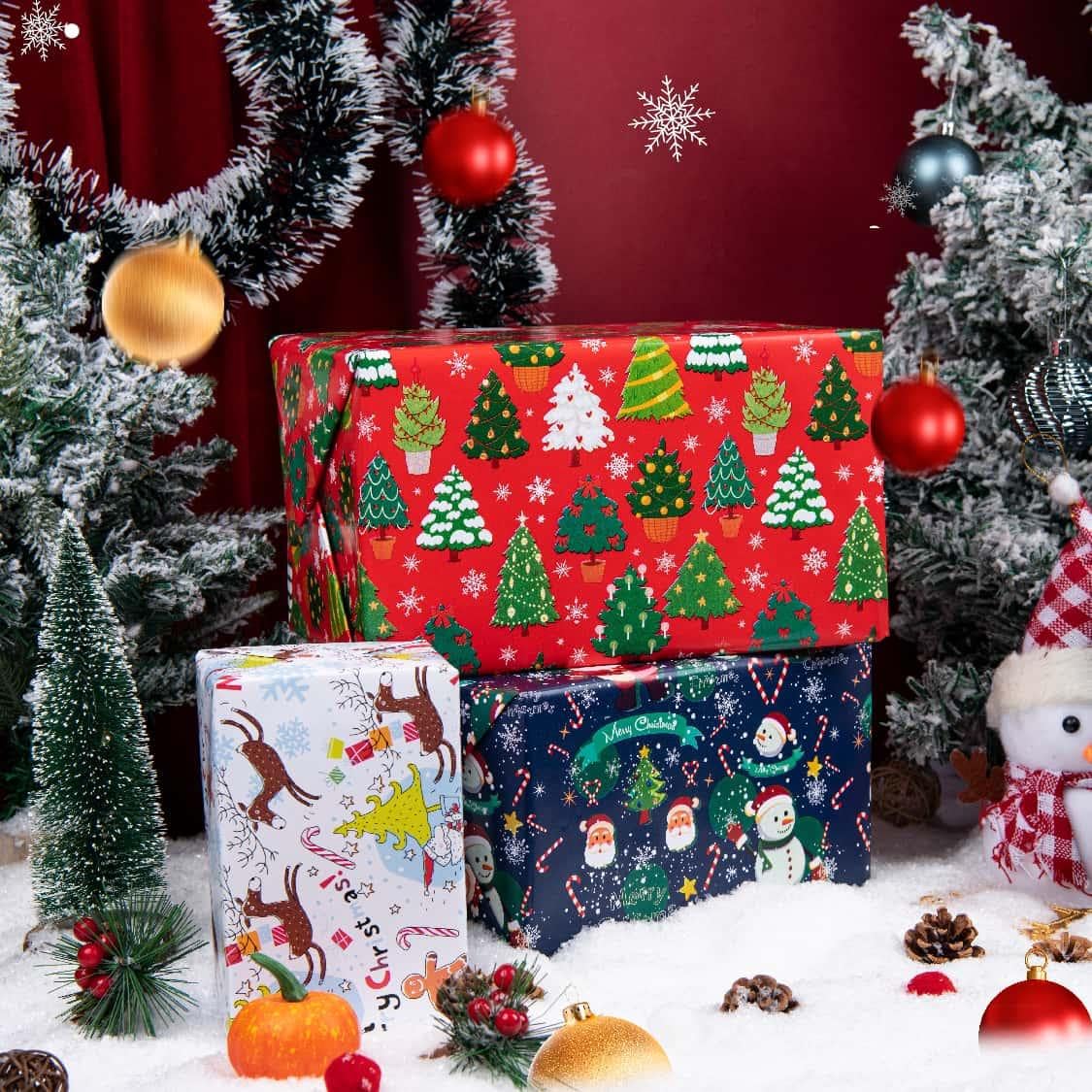 Linnoptimix Christmas Wrapping Paper Rolls -3 LARGE ROLL-27inch*78 inch per roll Colorful Foil Red White Blue wrapping paper(Christmas White/Red/Blue(005)) Linnoptimix