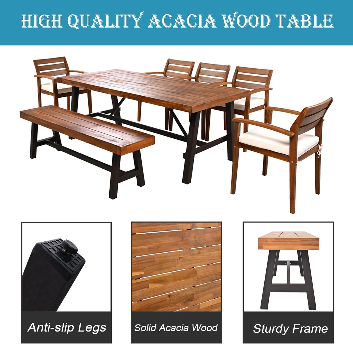 Goldshire 7 Pieces Outdoor Dining Set, 1 Acacia Wood Patio Table & 1 Bench & 5 Chairs for 7-8 Persons with Removable Cushions for Indoor Yard Garden Goldshire