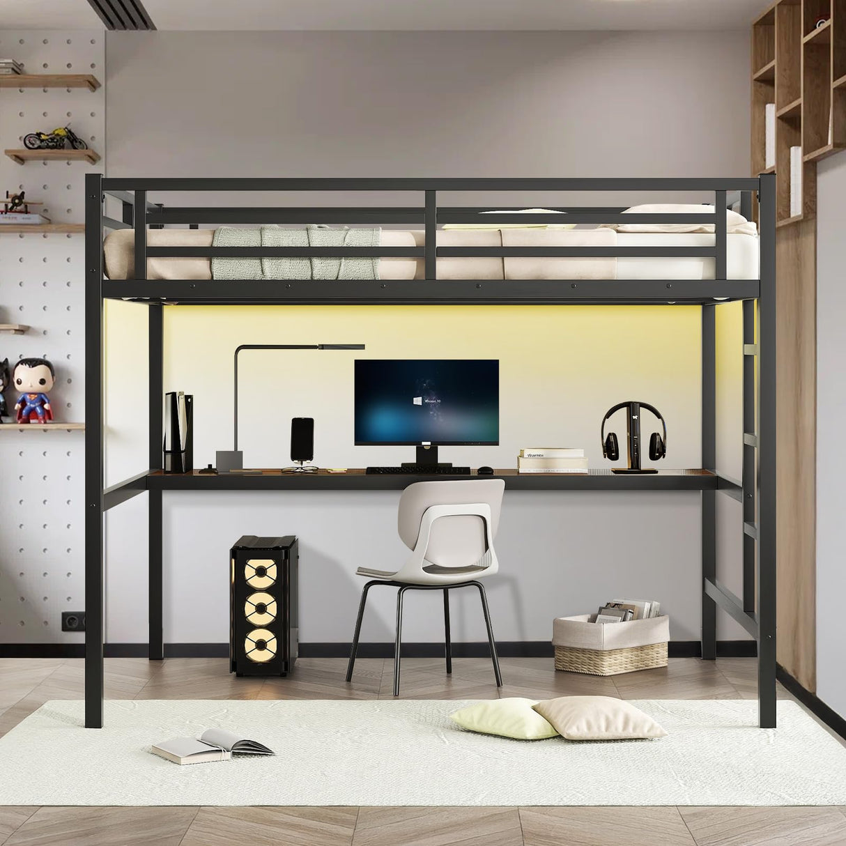 XUWANSHANG Loft Bed Full Size with Desk, Metal Heavy Duty Loft Bed with LED Lights, USB Port, Full Loft Bed Frames for Kids, Junior, Adults, Space Saving, Noise Free (Black, Full) XUWANSHANG