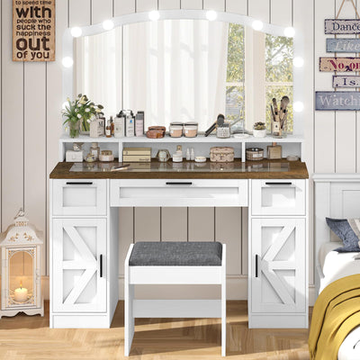 usikey Farmhouse Vanity Desk with Large Lighted Mirror and 10 Lights, 43.3" Glass Tabletop Makeup Vanity with 3 drawers, Large Vanity Tabel Set with Long Shelf, 2 Cabinets and Stool, Antique White
