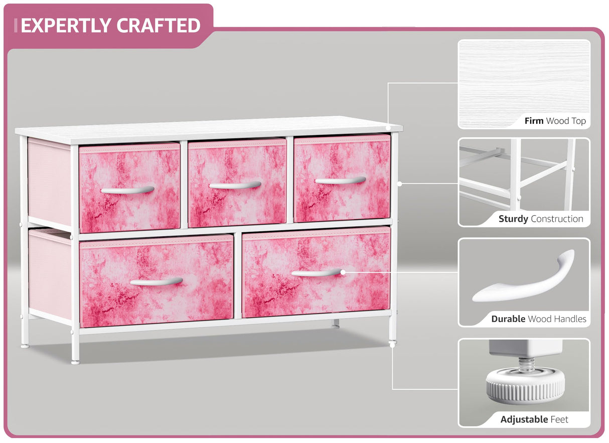 Sorbus Kids Dresser with 5 Drawers - Storage Chest Organizer Unit with Steel Frame, Wood Top, Easy Pull Fabric Bins - Long Wide TV Stand for Bedroom Furniture, Hallway, Closet & Office Organization Sorbus