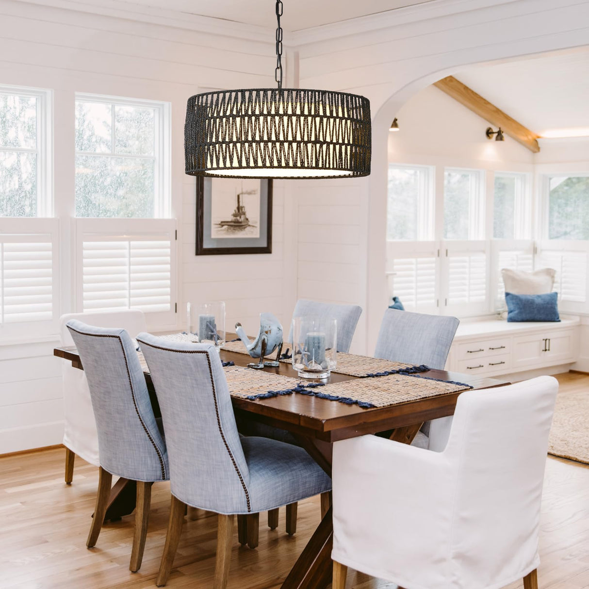 Farmhouse Rattan Chandelier Light Fixture, Black boho Pendant Light Hand Woven Chandeliers for Dining Room with Fabric Shade, Large Wicker Coastal Pendant Light for Kitchen Bedroom Island Hallway JTYP