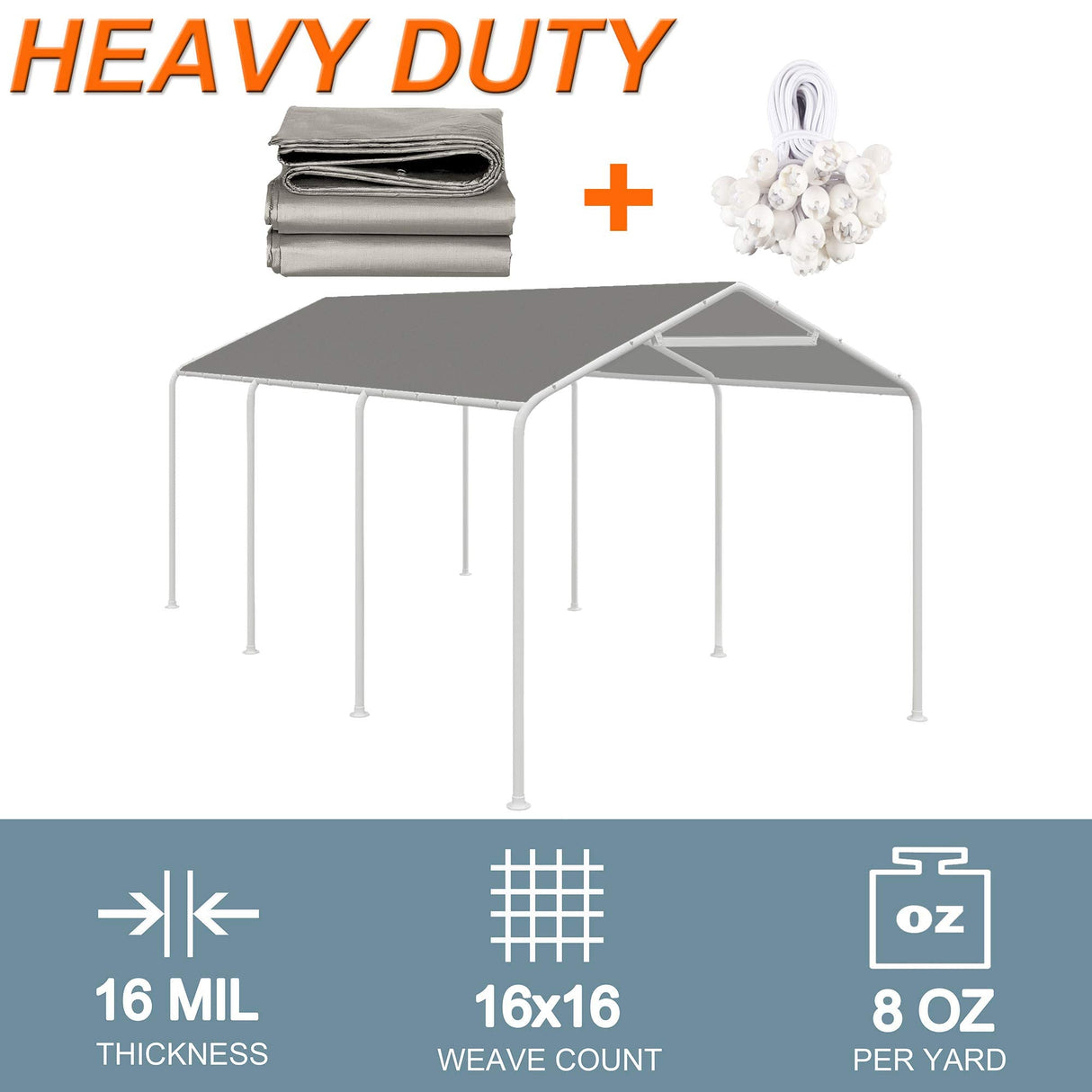 Thanaddo 10 x 20 Ft Carport Replacement Canopy Cover Garage Top Tent Shelter Tarp with Free 44 Ball Bungee Cords,Grey(Only Cover, Frame Not Include) Thanaddo