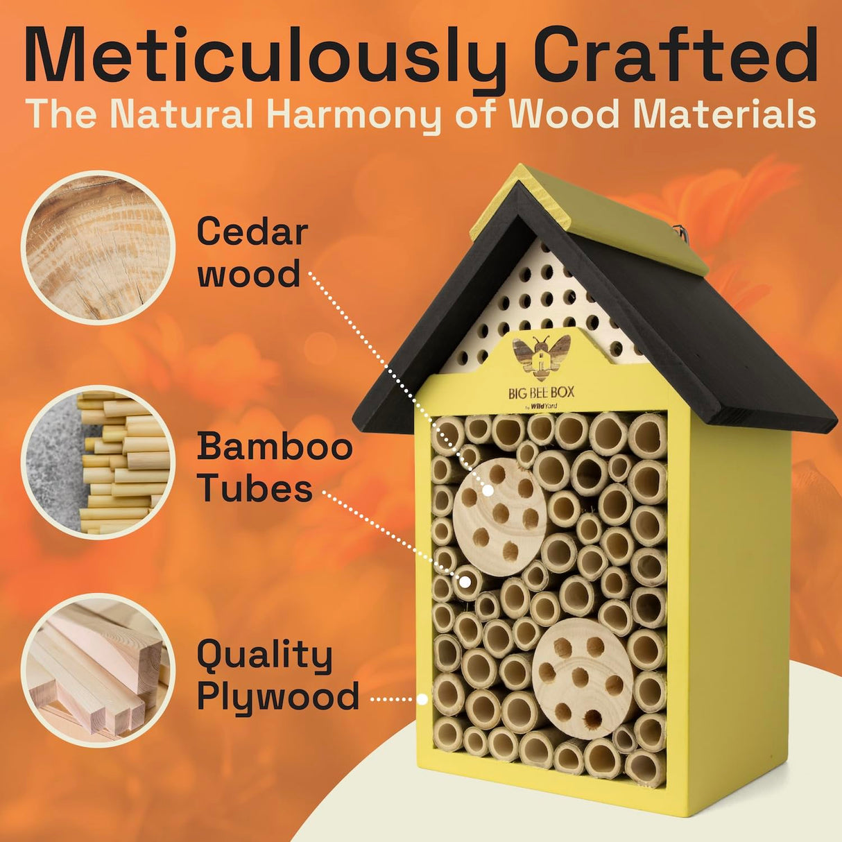 WildYard Bee House - Weather Resistant Natural Wood Construction Mason Bee House - Simple Installation, Bee Box for Power Pollinators, Ideal Bee Houses for The Garden WildYard