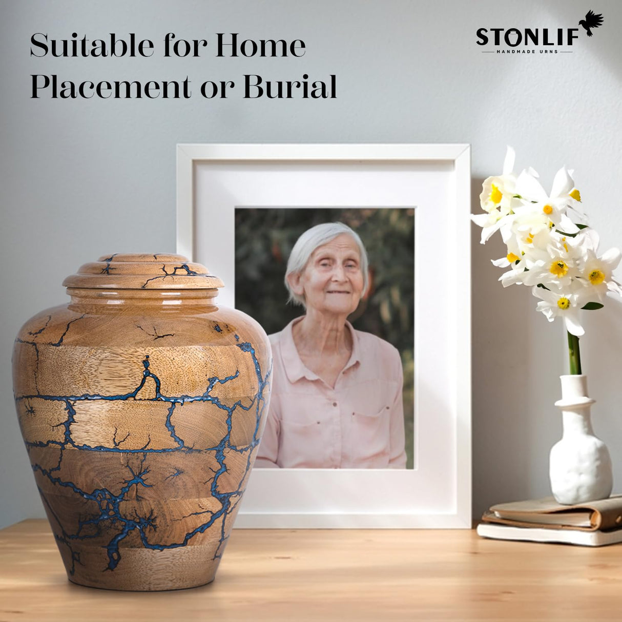 STONLIF Wooden Cremation Urns for Human Ashes 200 Cubic Inches - Urn for Adult Male & Female - Decorative Urns, Funeral Urns, Burial Wood Urns for Men, Women & Loved Ones - Blue, Large (200 lbs) STONLIF