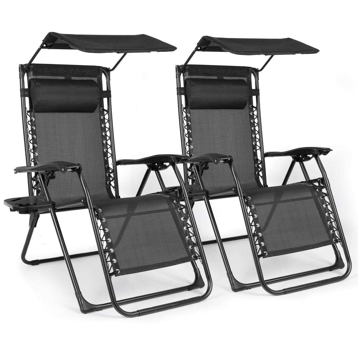 DuangDuang Zero Gravity Chairs Set of 2, Oversized Outdoor Recliner Patio Lounge Chair with Canopy Shade, Foldable Outdoor Lounger with Cup Holder Tray for Backyard Beach Camping, Black DuangDuang