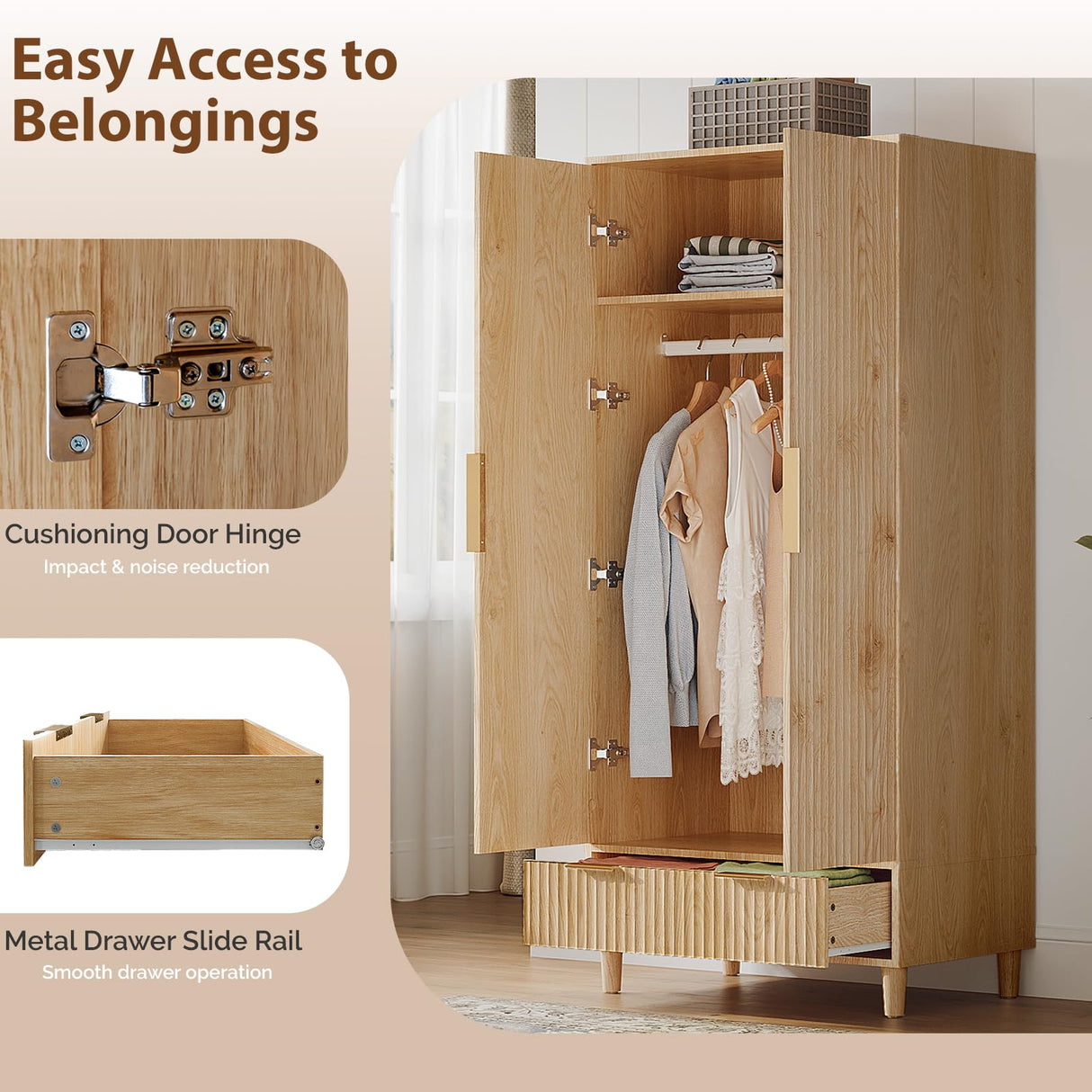 VINGLI Fluted Wardrobe Closet Armoire with Doors And Drawers, Wardrobe Cabinet with Hanging Rack, Bedroom Closet Wood, Oak Free Standing Armoire with Shelf and Solid Wood Legs, 31.5"W*19.7"D*69.3"H VINGLI