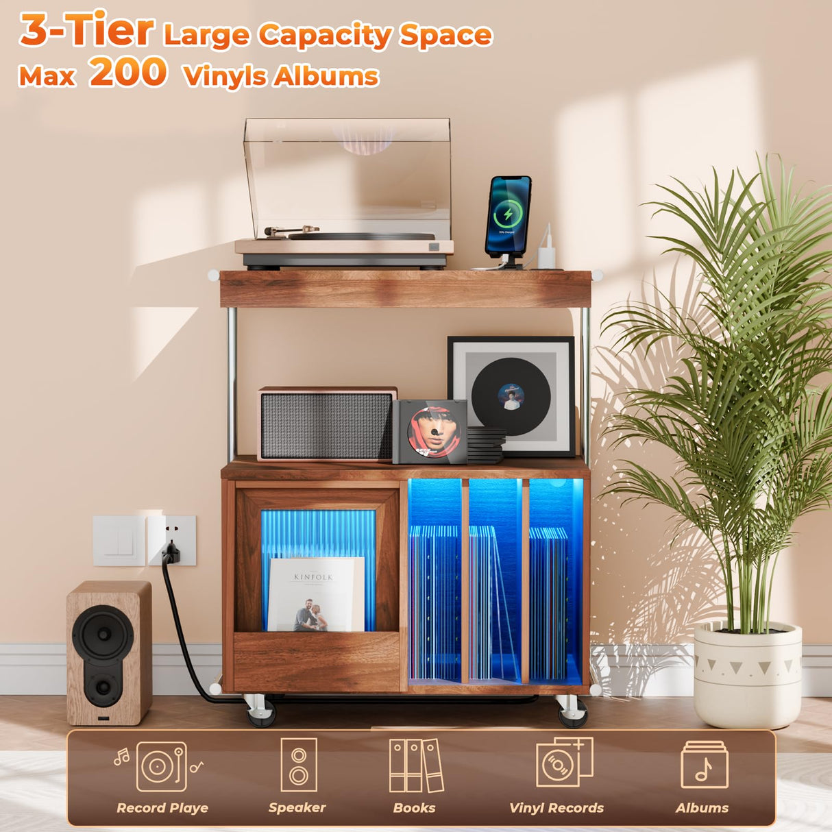 Large Record Player Stand with Sliding Door and Wheels,200 Vinyl Record Storage Cabinet, Record Player Table with Power Outlet & LED Light,Turntable Stand with Wood Legs for Living Room,Bedroom,Office Loomie