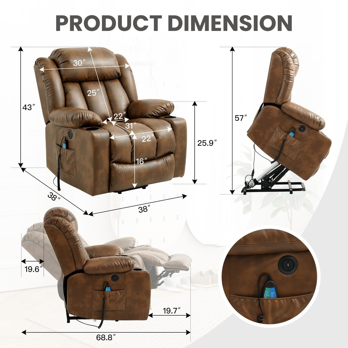COOSLEEP Power Lift Recliner Chair for Elderly with Massage and Heat, Breathable Leather Recliner Chair for Adults, 2 Cup Holders, USB Ports, Electric Support of Metal,Remote(Light Brown) COOSLEEP HOME