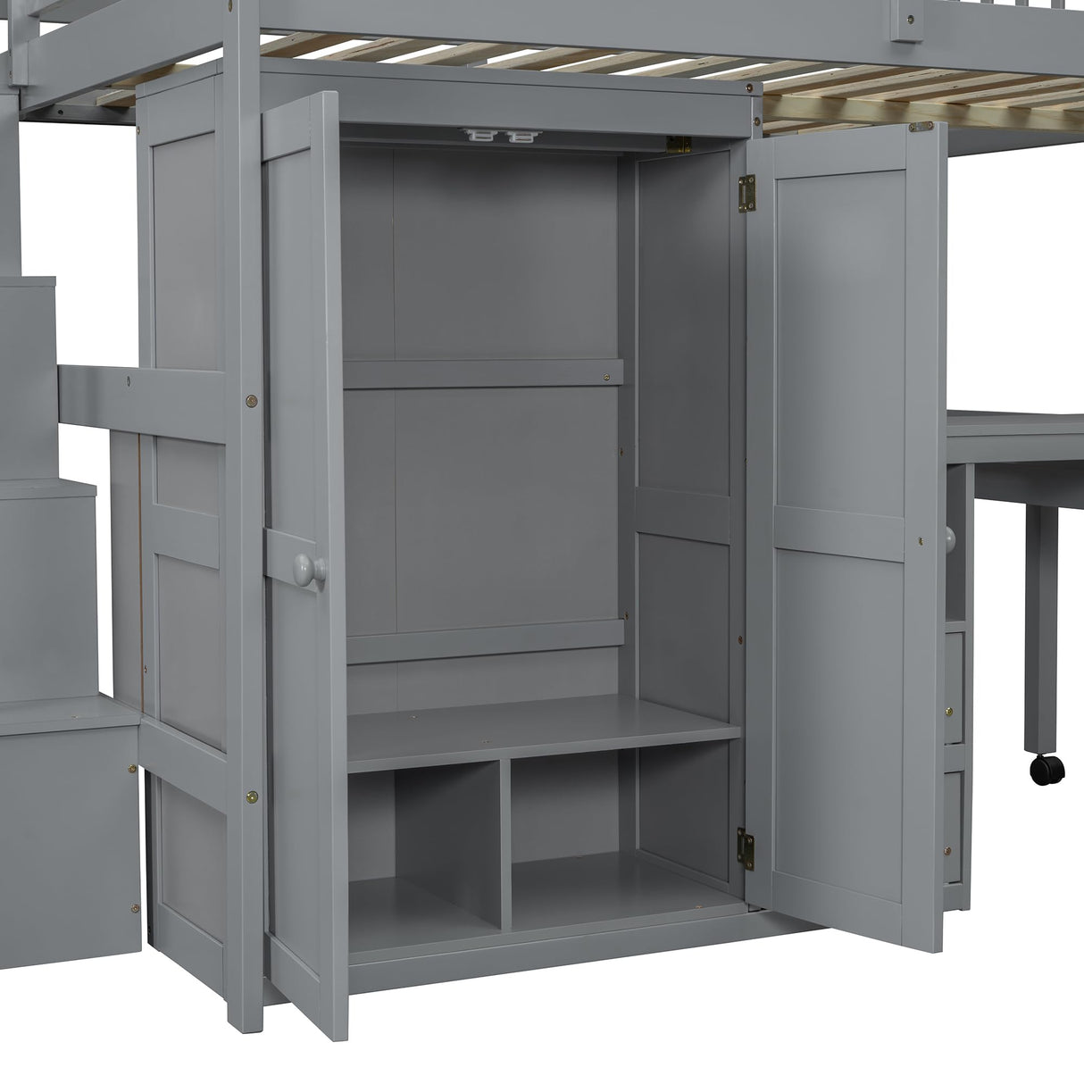 Full Size Wood Loft Bed with Desk,Wardrobe and Stairs, Bookshelf and Drawers,for Kids Teens Adults Bedroom Use (Gray#X, Full) Brabrety