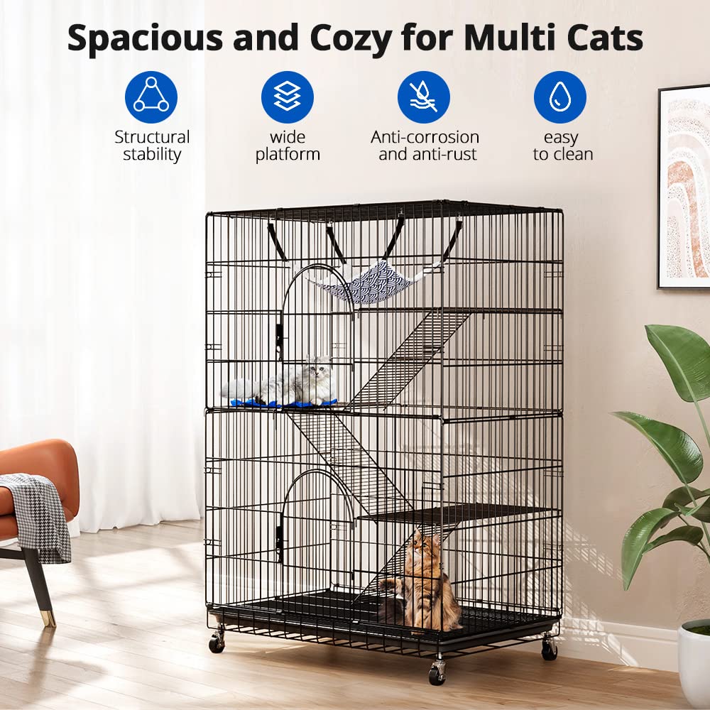 PawGiant 4-Tier Cat Cage 51 Inch Cat Crate Kennel Enclosure Playpen Large Metal Pet Cat Kitten Ferret Animal House Cage Indoor Outdoor with 2 Doors & 1 Hammock PawGiant