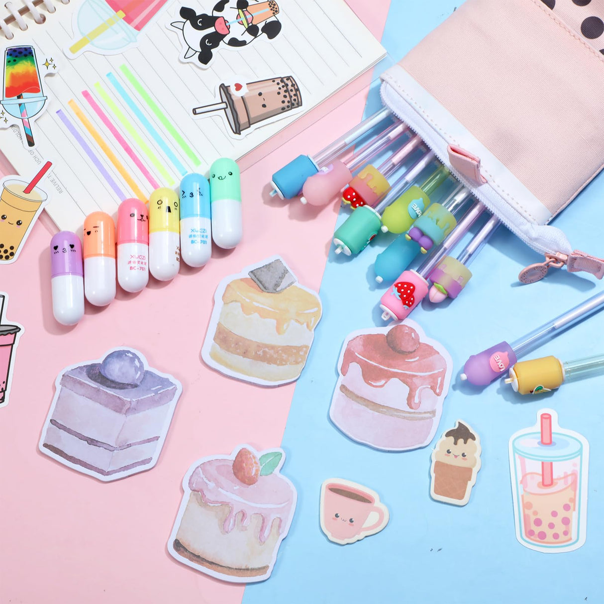 Sabary 228 Pcs Kawaii Stationary Set Include Telescopic Pencil Pouch Case Bag Gel Ink Pen Sticky Note Bubble Tea Sticker Pill Highlighter Stationary Cute School Supplies for Christmas(Vivid) Sabary