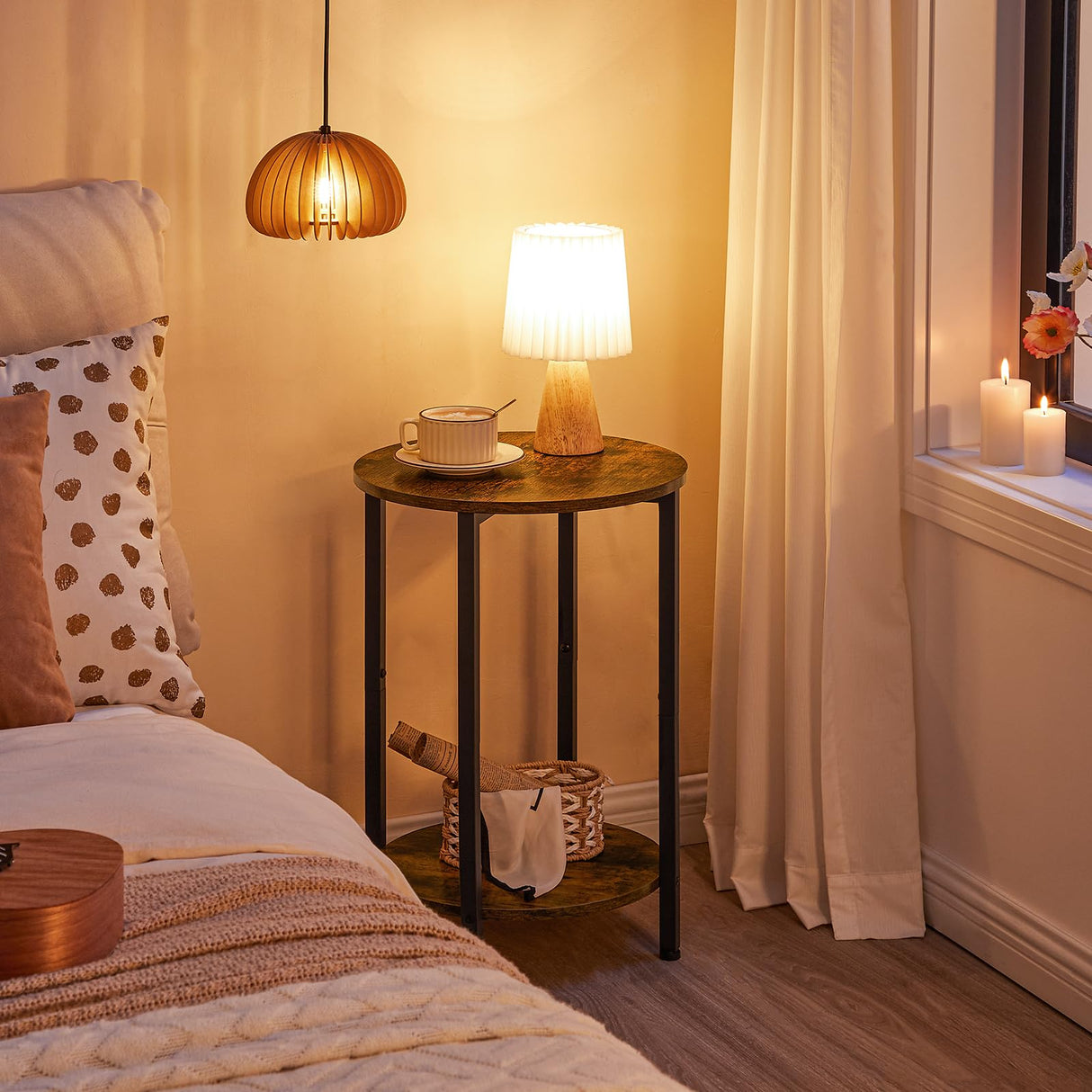 HOOBRO Side Table, Round Sofa Couch Table with Storage Shelf, 2-Tier Industrial End Table, Stable Metal Frame, Wooden Look Accent Table for Small Spaces, Living Room, Bedroom, Rustic Brown BF58BZ01G1 HOOBRO