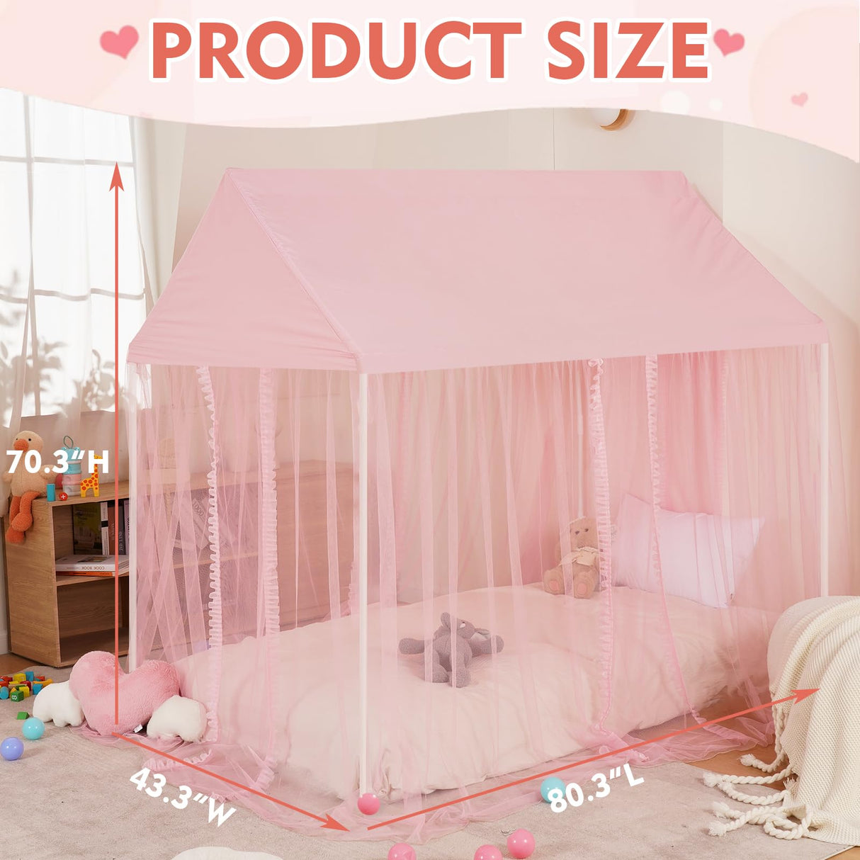 ZRVTM Princess Bed Canopy for Girls - Pink Canopy Princess Castle Dreamy Playhouse Mosquito Net Reading Nook Canopies Play Tent Canopy Bed Curtains for Kids(Twin,Pink), Frame Not Included ZRVTM