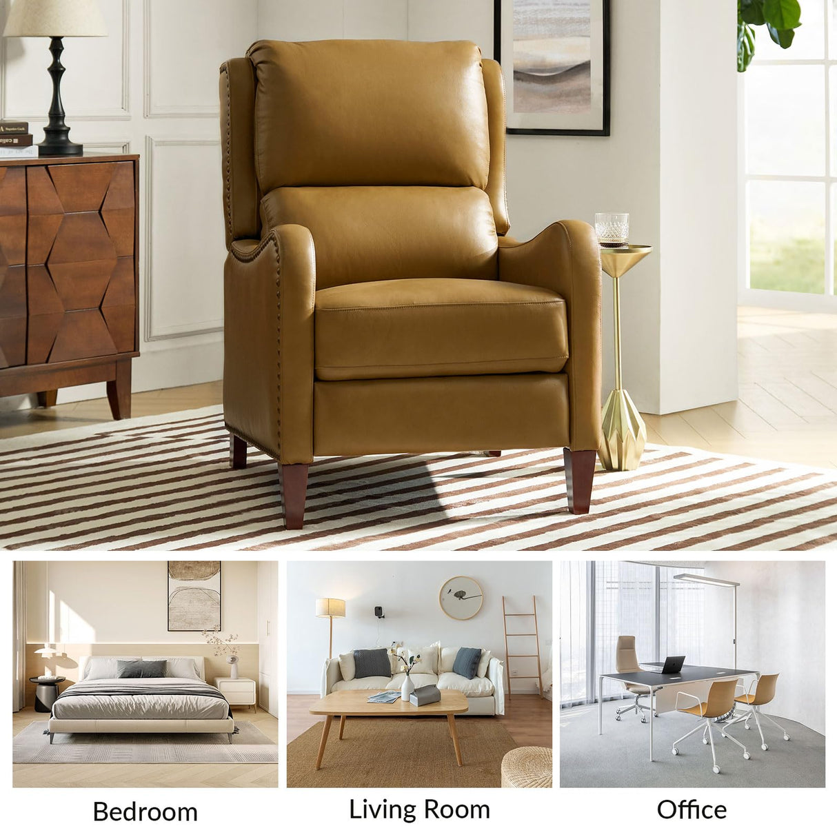 HULALA HOME Leather Recliner Chair, Modern Push Back Recliner Chair with Adjustable Backrest & Footrest, Casual Single Leather Sofa, Comfy Upholstered Club Chair for Living Room, Bedroom, Camel HULALA HOME