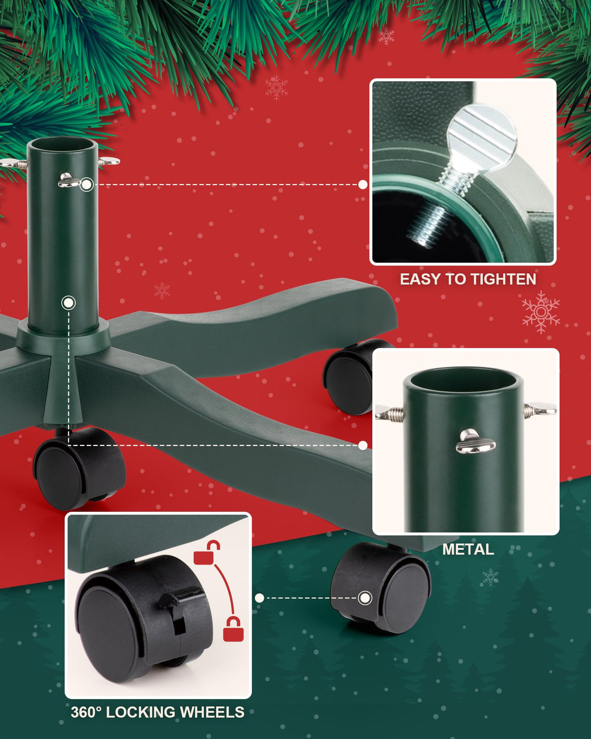 GuuG Christmas Tree Stand Base: Rolling Christmas Tree Stand for Artificial Fake Tree Xmas Tree Stand with Wheels Holder Replacement up to 6ft, Fits 1.4 Inchs Tree Pole, 23" Tree Foot Diameter (Green) 224511W GuuG