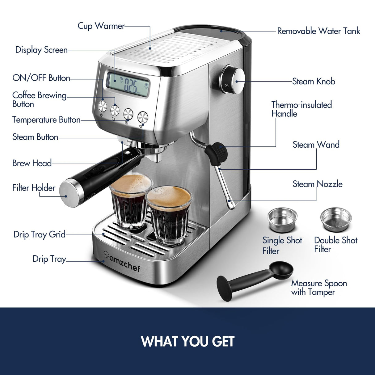 AMZCHEF Espresso Machines 20 Bar, Espresso Maker with Milk Frother & LCD Panel, Adjustable Temp, Compact Cappuccino Machines for Home and Friends Gifts AMZCHEF