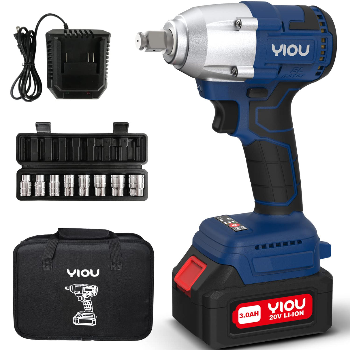 YIOU 20V MAX Cordless Impact Wrench Kit, 1/2 Inch, Compact, Blue YIOU