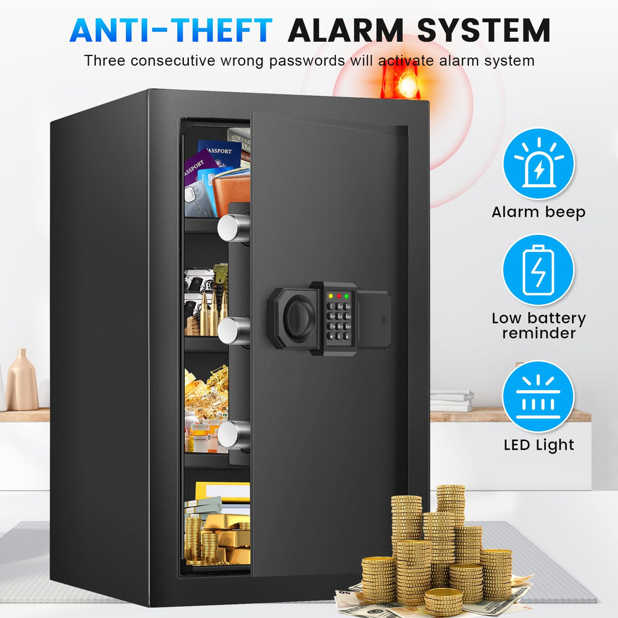 5.0 Cuft Fireproof Safe for Home Use, Digital Home Safes with Programmable Keypad, Spare Keys and Alarm System, Security Safes Box Fireproof Waterproof, Anti-Theft Fire Safe Box for Home Office Bukumo