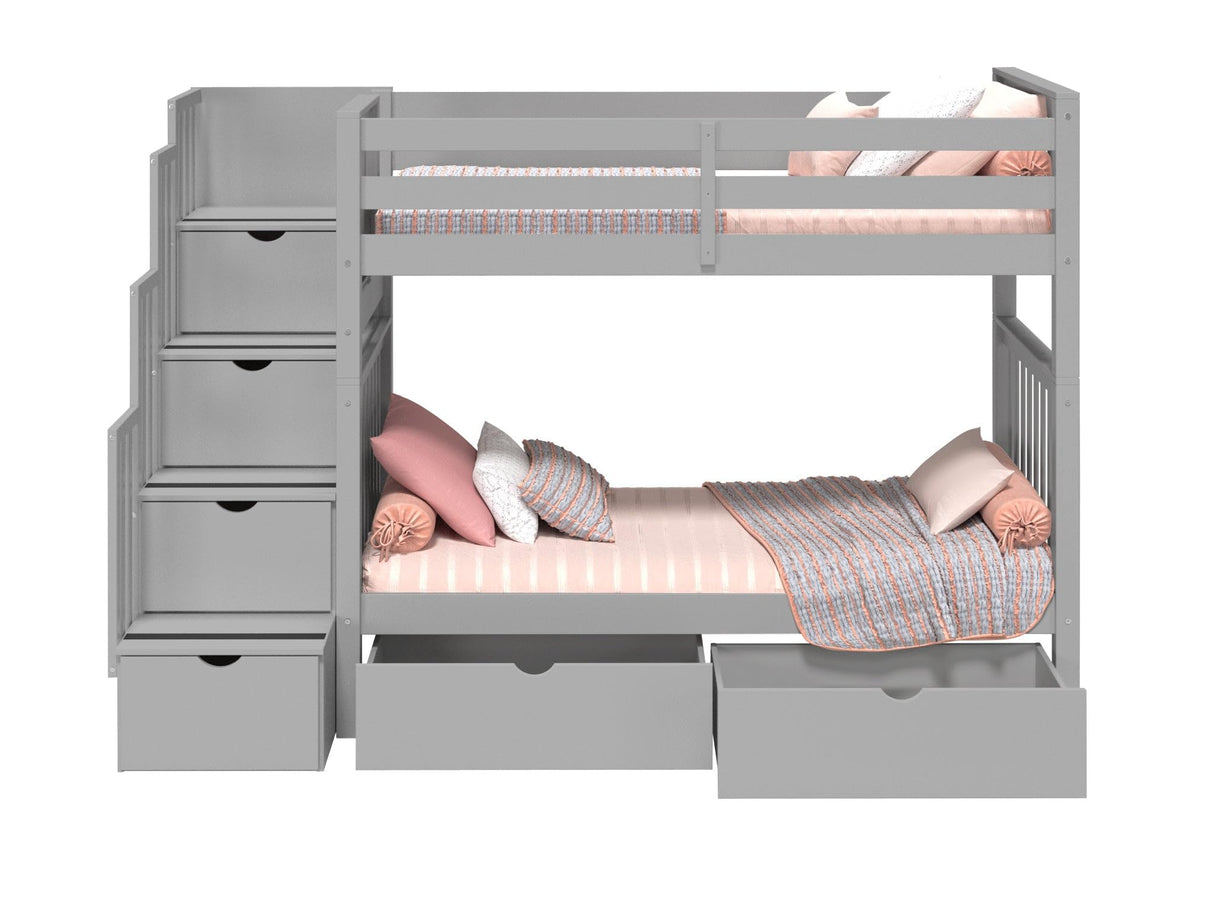 Bedz King Tall Stairway Bunk Beds Twin over Twin with 4 Drawers in the Steps and 2 Under Bed Drawers, Gray Bedz King