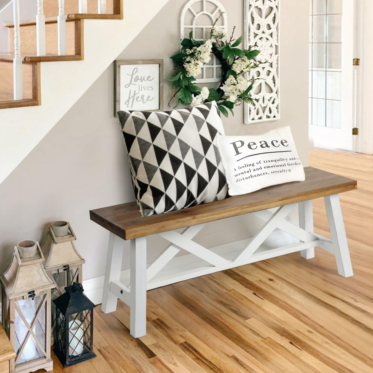 Wnutrees 43" Farmhouse Wood Bench, Rustic Solid Wood Entryway Bench Seat with Double X-Structure for Dining Room, Living Room, Hallway, Structural Stability, White Wnutrees