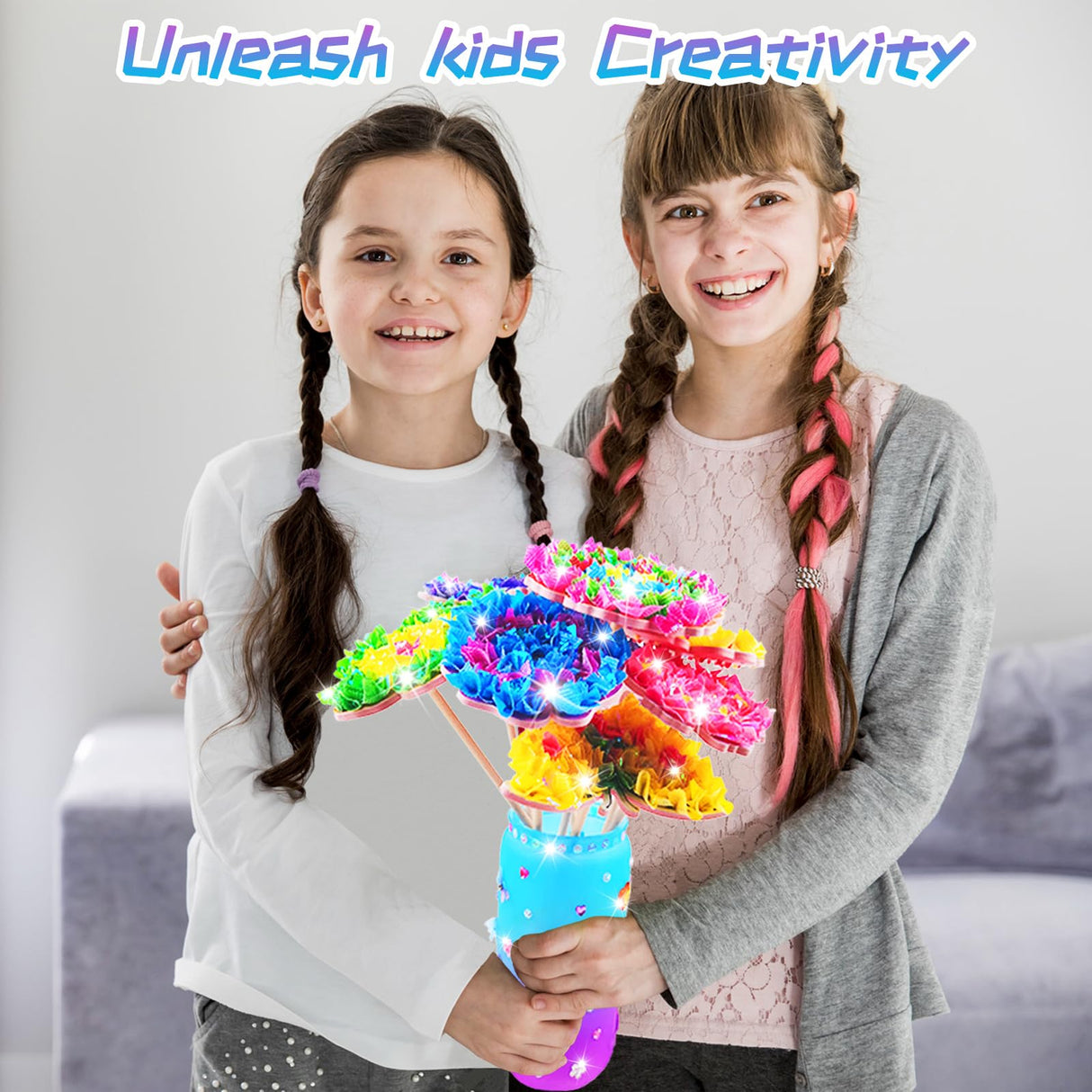 FJBICODA Poke Art Flower Bouquet Craft Kit - Arts and Crafts for Girls Ages 5-12 - Make Your Own Bouquet with 8 Flowers 2 Butterflies & 1 Vase - DIY Activities Gifts for 5 6 7 8 9 10+ Year Old Kids FJBICODA