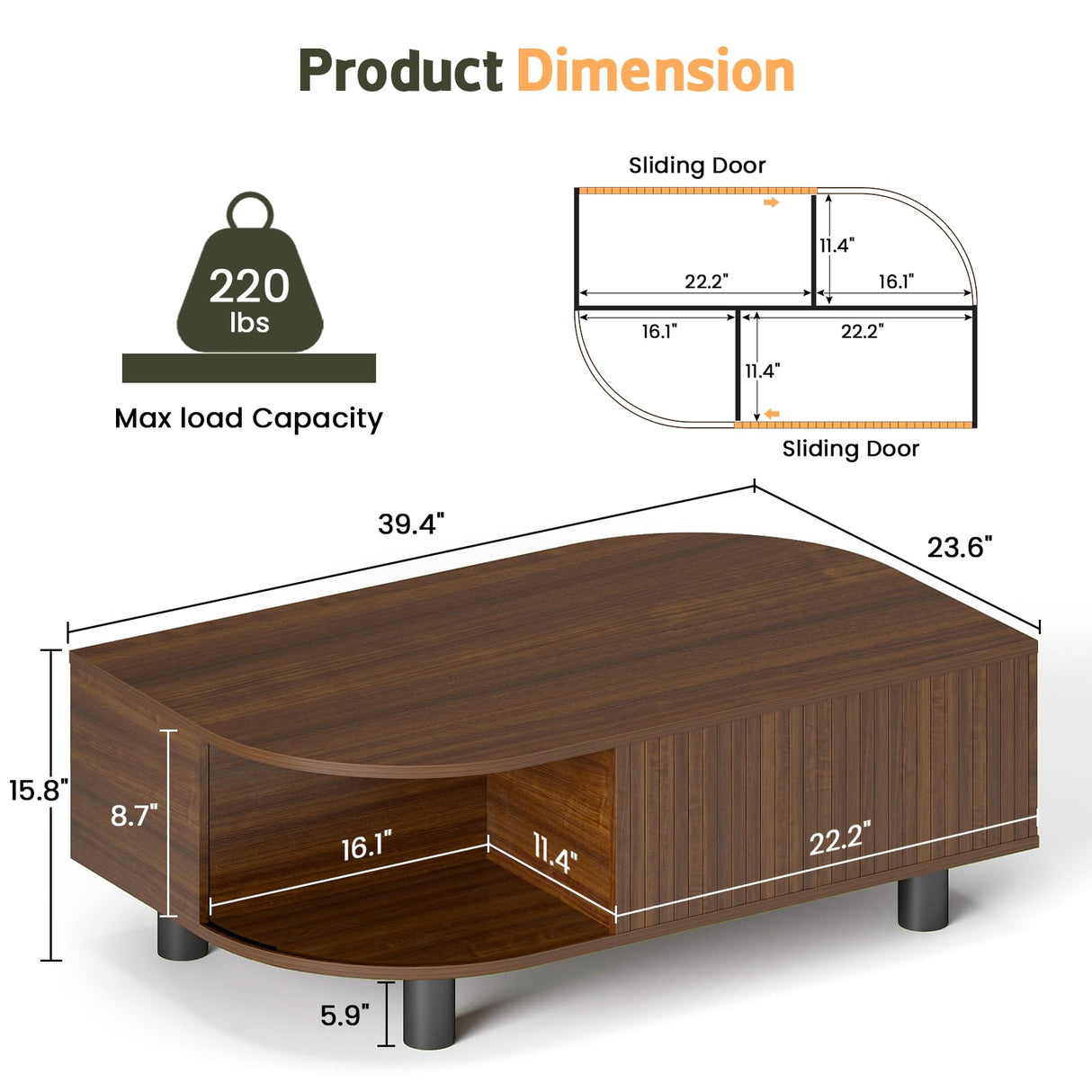 Lamtor Leaf-Shaped Fluted 39.4" Coffee Table with Storage, Mid Century Wooden Center Table, Modern Central Table with Sliding Door & Large Hidden Compartment, for Living Room Home Office, Walnut Lamtor