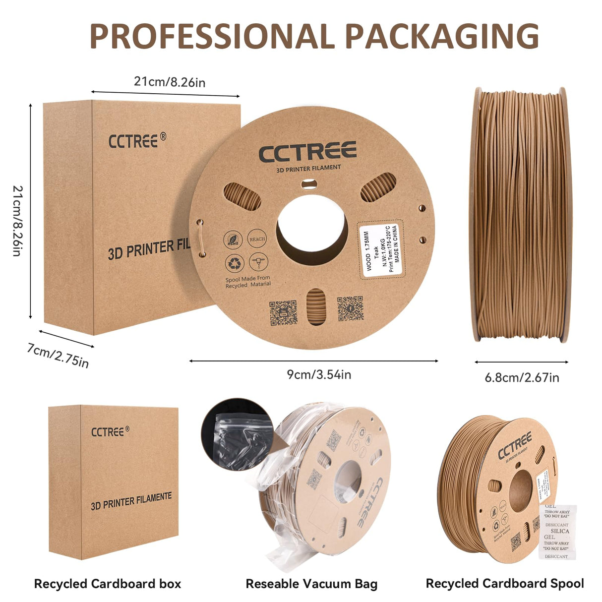 CCTREE Wood PLA Filament 1.75mm, 3D Printer PLA Plus(PLA+) with Real Wood Fiber Wood Texture Filament, Dimensional Accuracy +/- 0.02mm, 1kg Spool(2.2lbs), Fit Most FDM 3D Printers, Wood Teak CCTREE