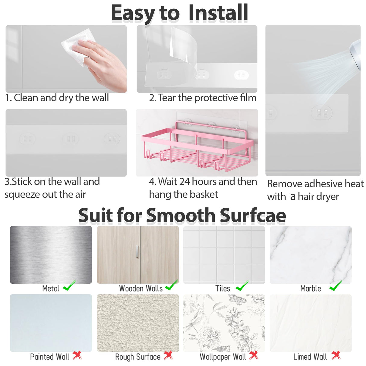 Liuoud 5 Pack Shower Caddy Organizer Rack Shelf for Inside Shower, Adhesive Bathroom Wall Storage Basket Rustproof Stainless Steel Shampoo Holder, Girly Bathroom Accessory Decor Set, Pink Liuoud