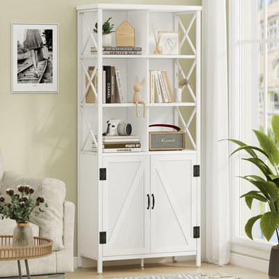 FATORRI Tall Bookcase with Doors - Modern White Oak Metal Shelf & Cabinet Storage