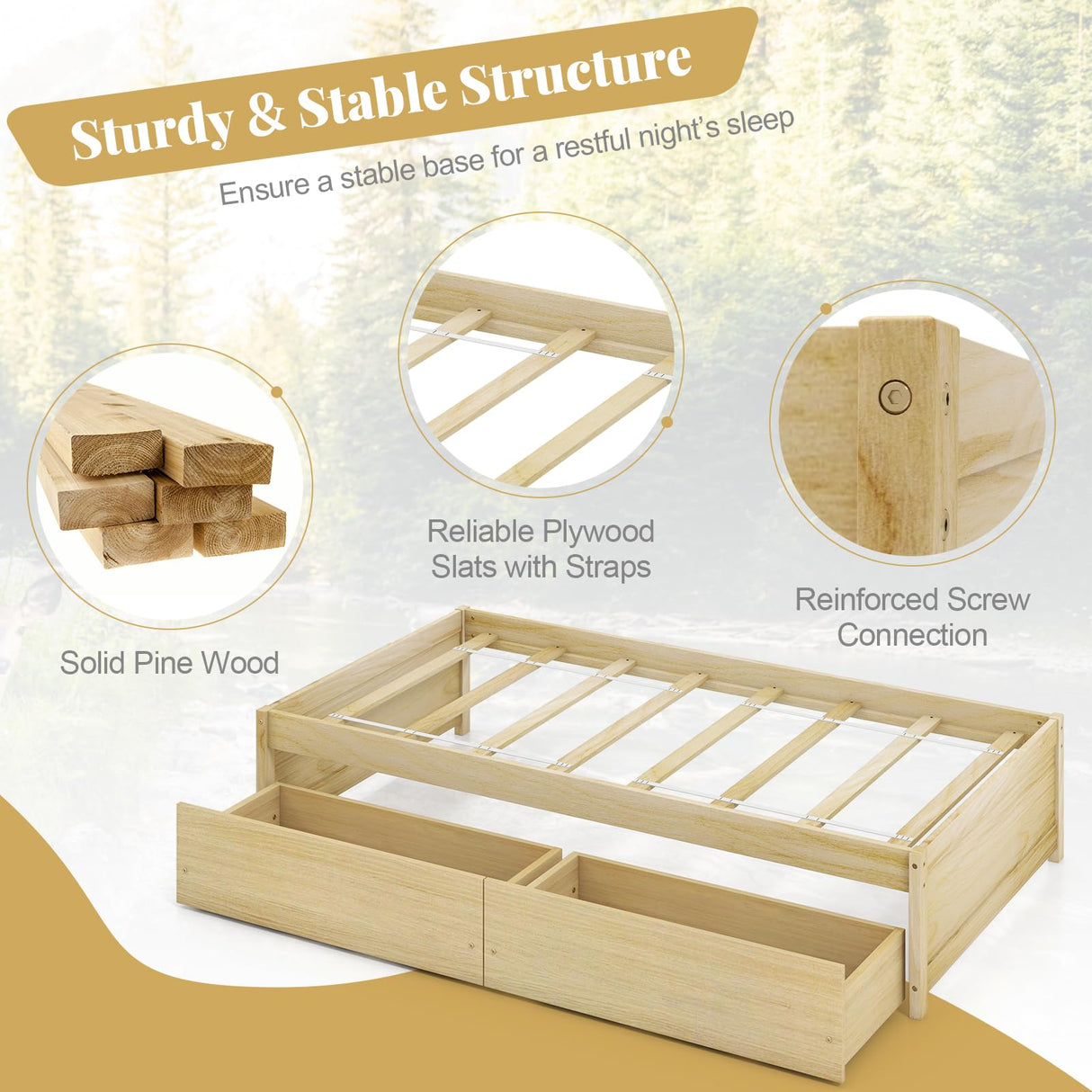 Giantex Twin Bed Frame with 2 Storage Drawers, Solid Wood Platform Bed with Slats Support, Heavy Duty Daybed with Storage, No Box Spring Needed, Twin Bed Frames for Kids Teens Adults Guests (Natural) Giantex