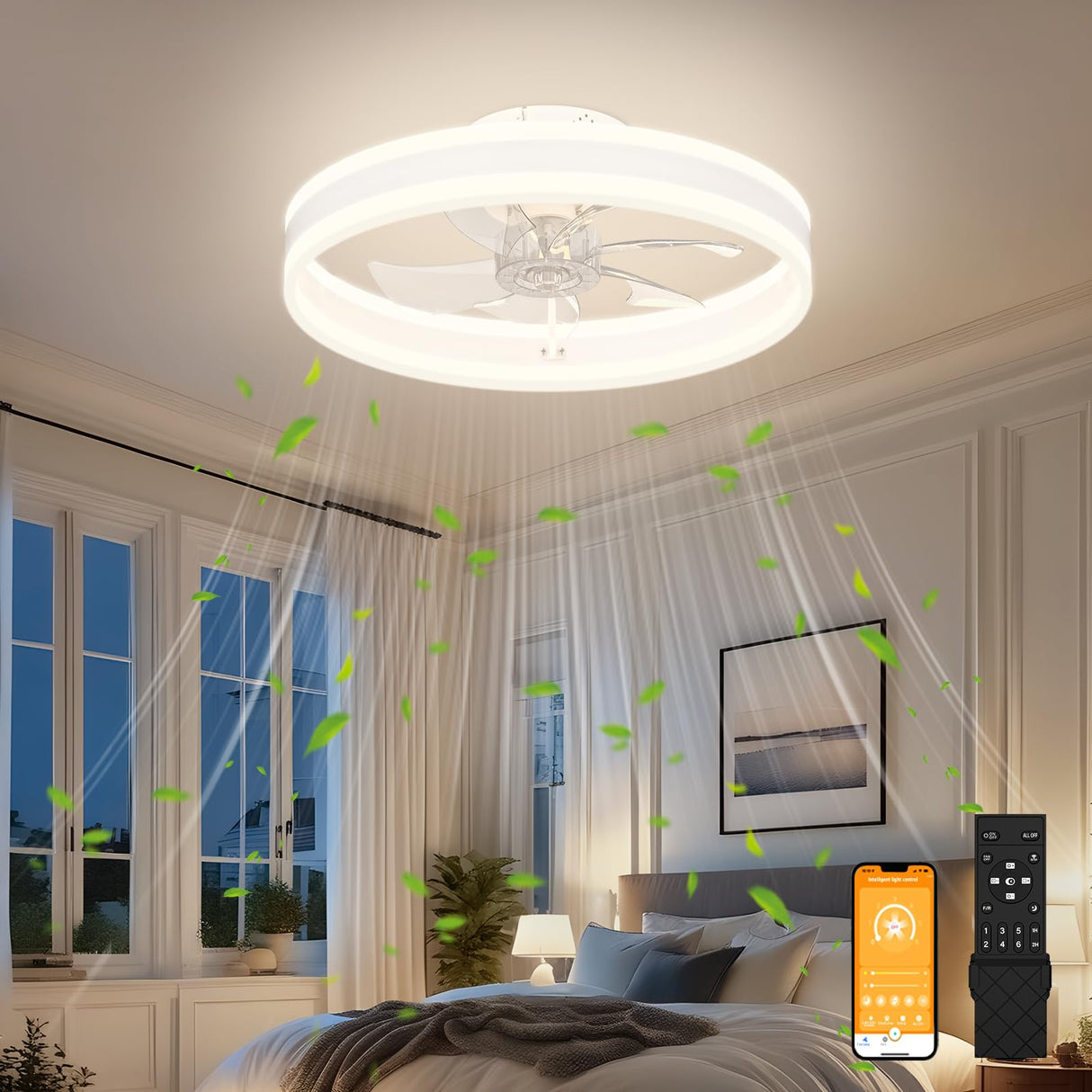 VOLISUN Fandelier Ceiling Fans with Lights and Remote, 15.7in Low Profile Ceiling Fan Flush Mount, 3000K-6500K Dimmable Bladeless LED Fan Light, White Modern Ceiling Fans with Lights for Bedroom VOLISUN