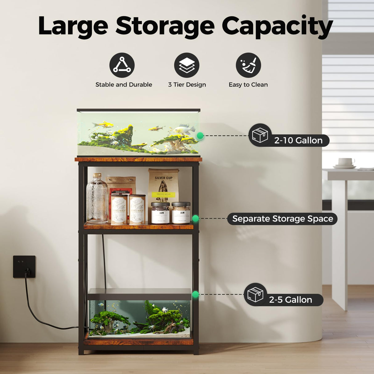 HavenlyYouth 10 Gallon Fish Tank Stand with Power Outlet , 3 Tier Aquarium Stand with Shelf, Turtle/Reptile Tank Stand for Home Office ,Adjustable Boards, 20.47''L×11.42''W×30.91''H, Retro Brown HavenlyYouth