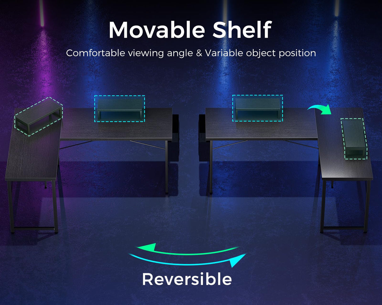 ODK L Shaped Desk, 57.5" Computer Gaming Desks, Home Office Writing Table with Monitor Shelf, Space-Saving Modern Corner Workstation, Easy to Assemble, Black ODK