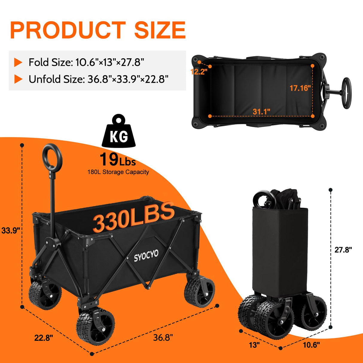 Collapsible Foldable Wagon Cart, Heavy Duty Folding Wagon with 330lbs Weight Capacity, Beach Wagon with All-Terrain Wheels Utility Garden Cart for Camping, Sports, Beach and Shopping, Black SYOCYO