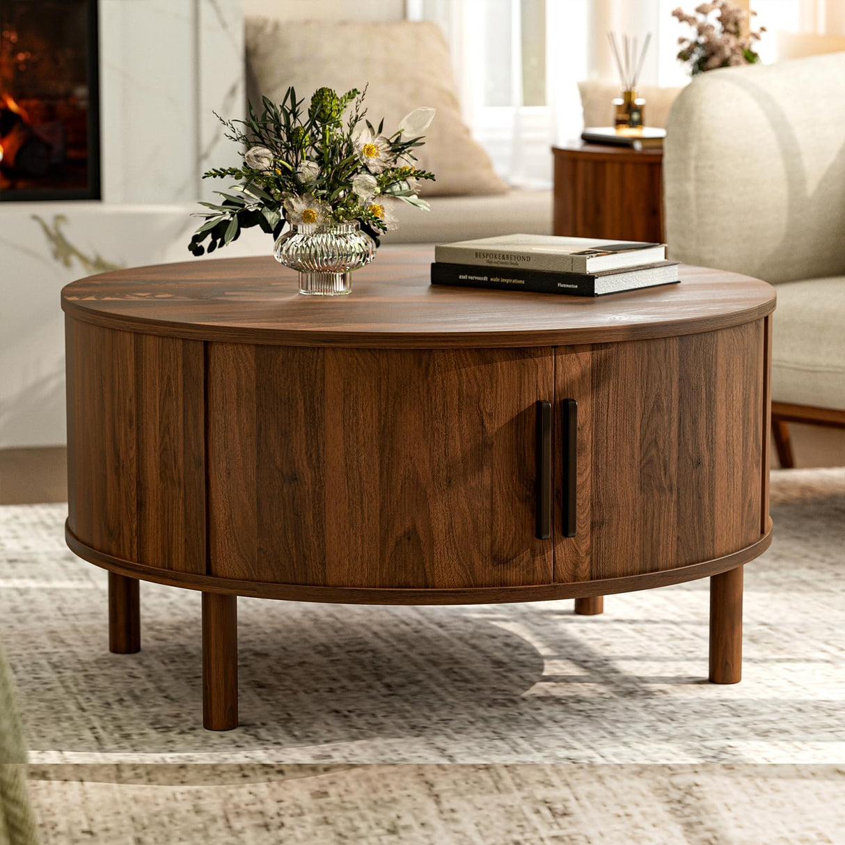 ZttRiee Coffee Table for Living Room, Modern Round Coffee Table with Cabinets & Sliding Doors, Home Small Space, 29.9" Fluted Center Table, Walnut ZttRiee