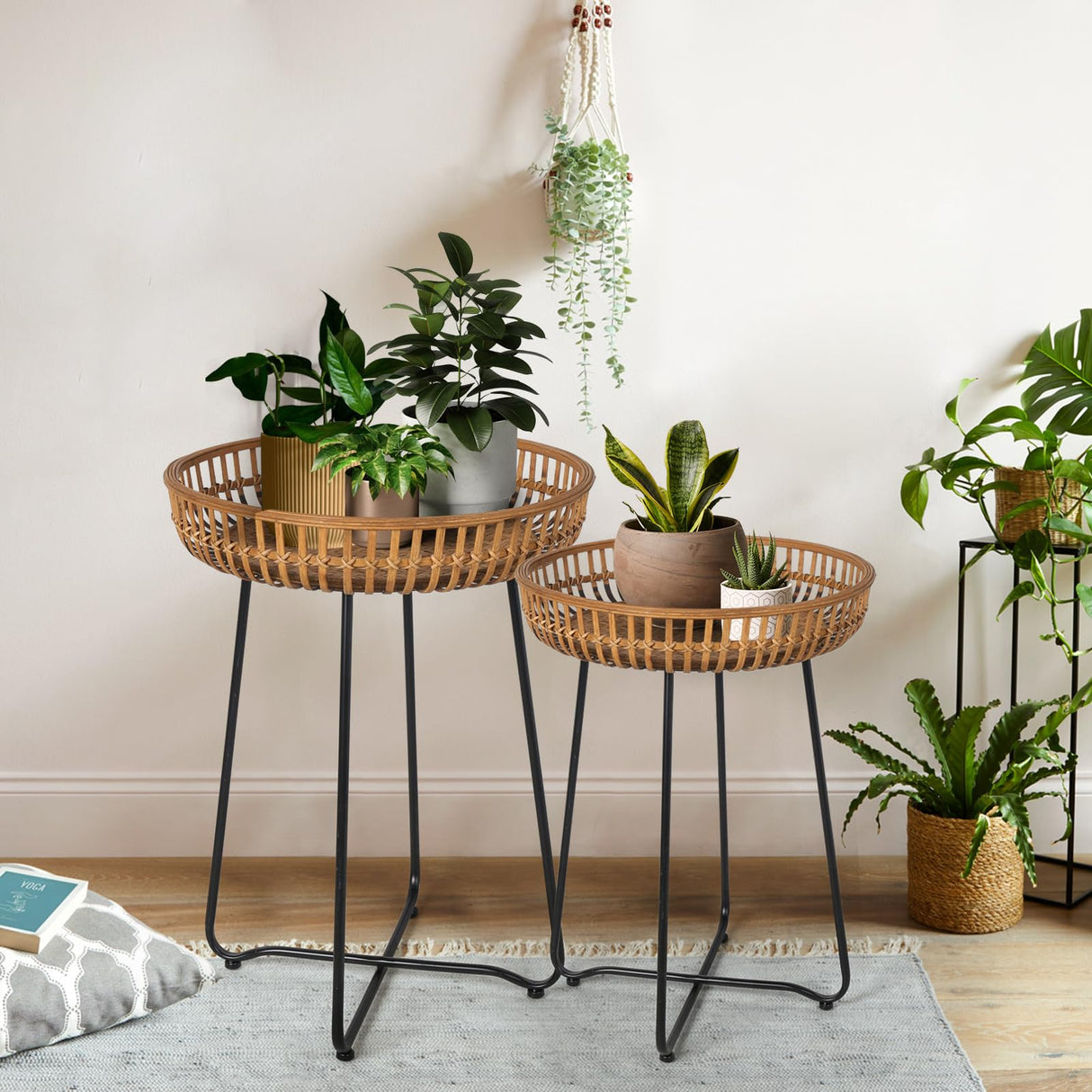 Oakrain Rattan Side Table Nesting Tables Set of 2, Bamboo Round Table Coffee Table Metal Base End Table for Boho Living Room, Sofa, Bedroom, Terrace, Accent Table(20.47inch) Oakrain