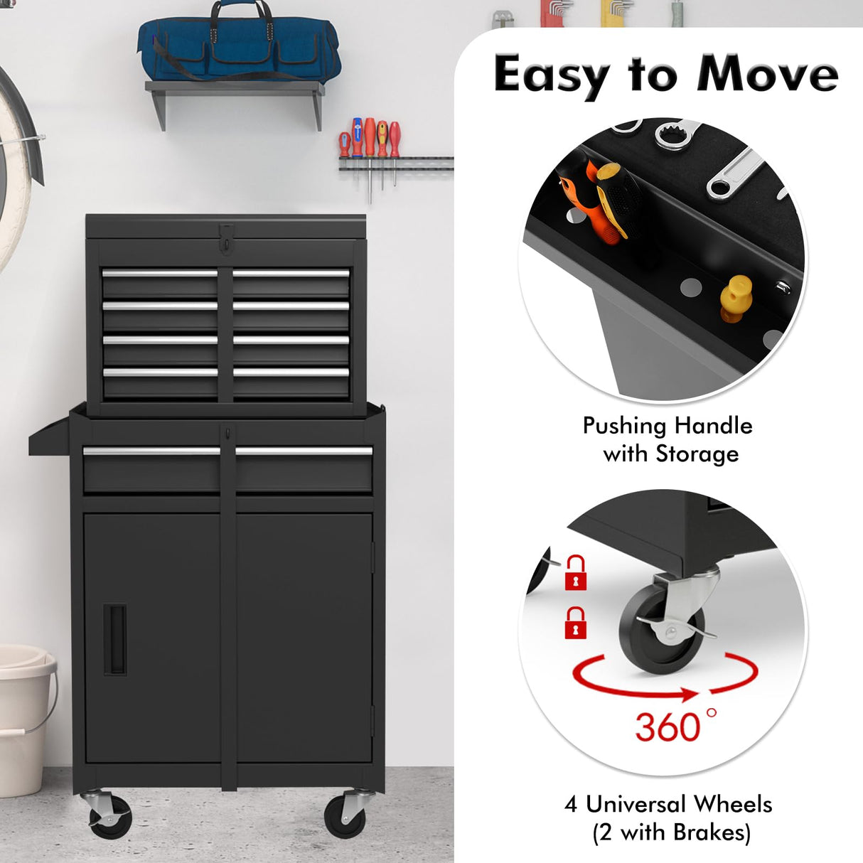 Goplus Rolling Tool Chest, 5 Drawers Tool Storage Cabinet with Universal Lockable Wheels, Detachable Top Toolbox, Lock Bar, Protective Liner, Heavy Duty Metal Tool Cart, Tool Box for Workshop Garage Goplus