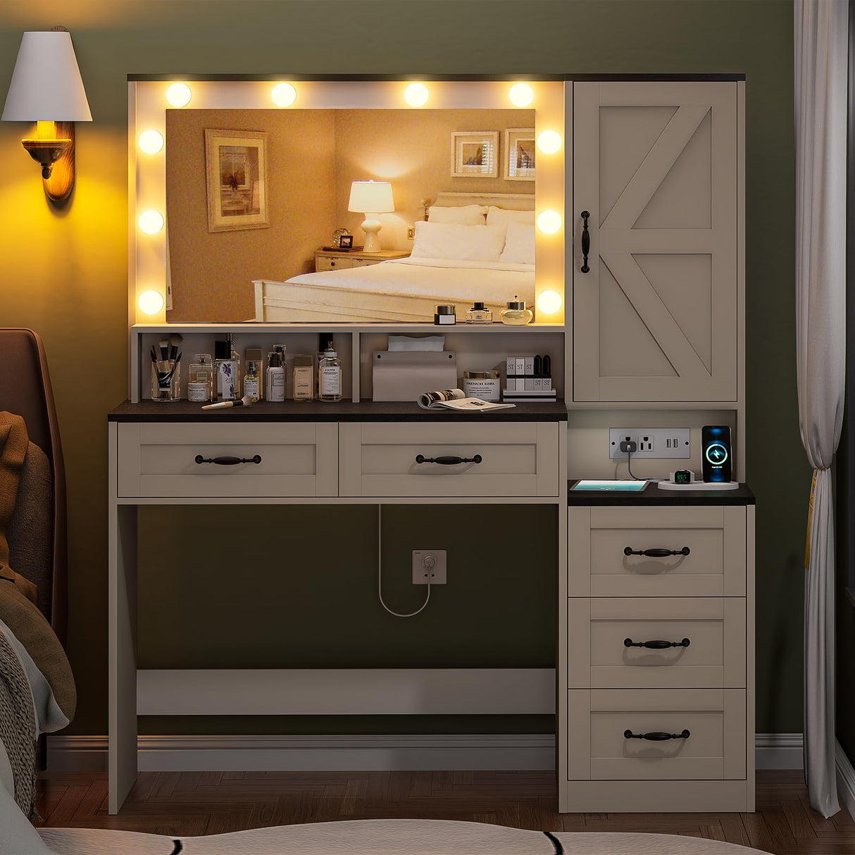 Farmhouse Vanity Desk with Mirror and 10 Led Lights, 45.3 " Large Makeup Vanity Table with Power Outlet, 5 Drawers and 1 cabinet, Vanity Set Dressing Table with 9 Hooks for Women Girls (White+Black) DINGIPP