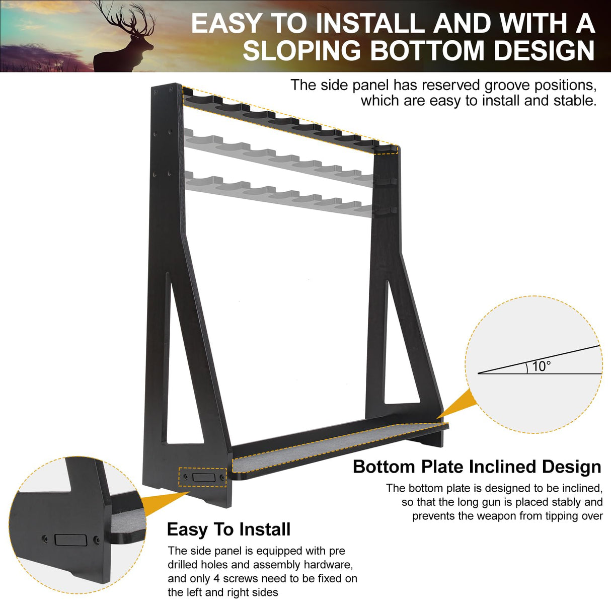 Xnwouco Gun Rack, Freestanding Rifle Gun Rack, Wooden Adjustable Rifle Stand Holds up 9 Long Guns, Gun Display Stand with Anti-scratch Padding, Rifle Storage Holder for Home, Garage, Black Xnwouco